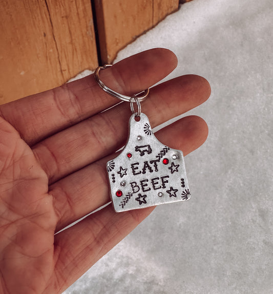 Ready to ship AS IS "Eat Beef" Large Cow Tag Keychain