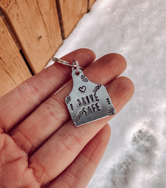 Ready to ship AS IS "Drive Safe" Small Cow Tag Keychain