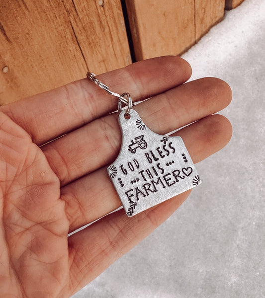 Ready to ship AS IS "God Bless This Farmer" Large Cow Tag Keychain
