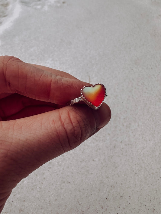 Peachy "Aurora Opal" .925 Sterling Silver Heart Ring - Size 8