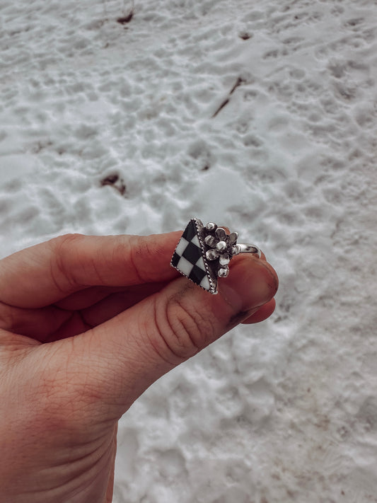 Black + White Checkered .925 Sterling Silver "Wildflower" Ring - Size 9