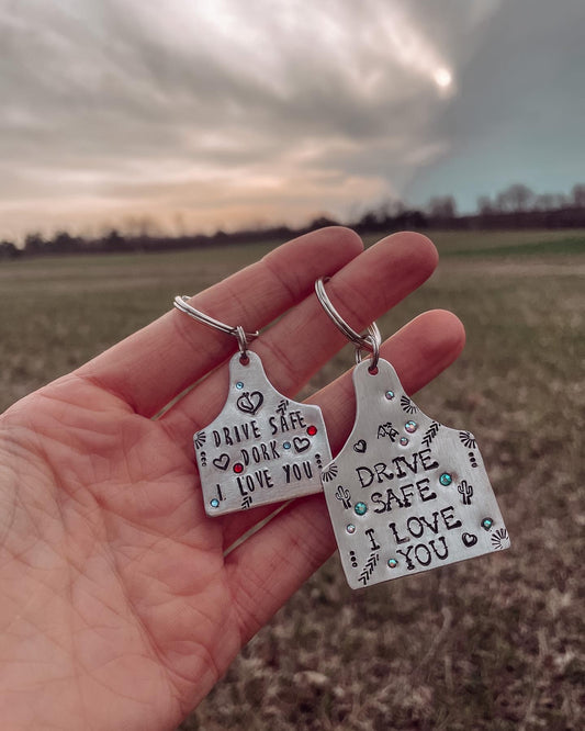"Drive Safe, I Love you" Extra Large Cow Tag Keychain