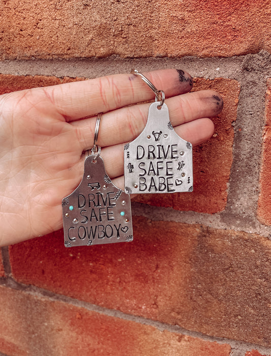 "Drive Safe Cowboy" Extra Large Cow Tag Keychain
