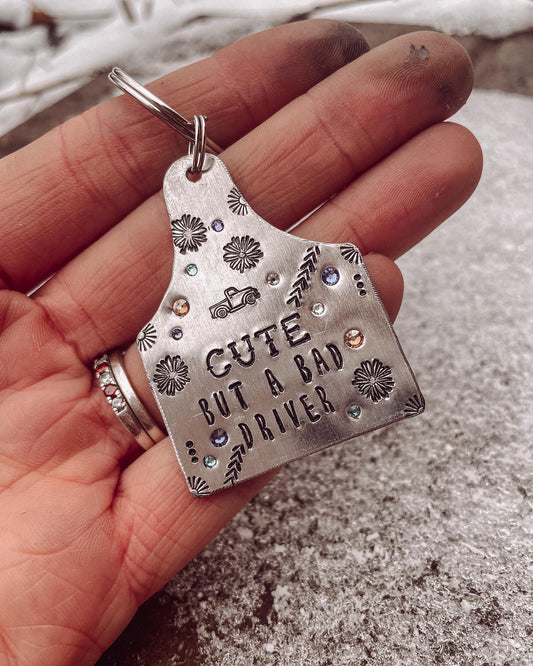 "Cute But A Bad Driver" Extra Large Cow Tag Keychain